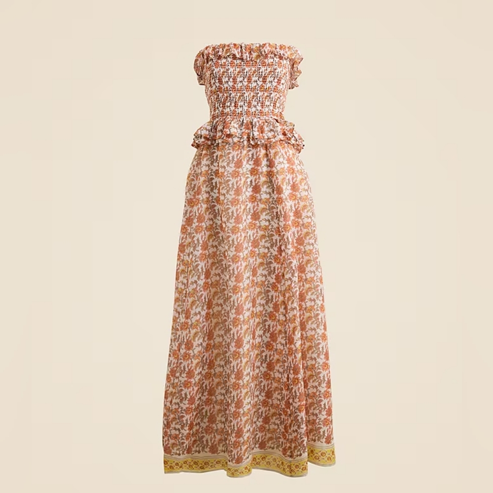 J. Crew Rust and Cream Strapless Smocked Floral Maxi Dress with Yellow Hem